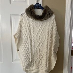 Talbots Cable Knit Poncho with Faux Fur Collar, Medium